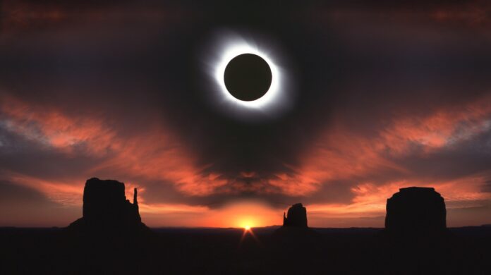 Total solar eclipse moment when the solar corona is visible above North America